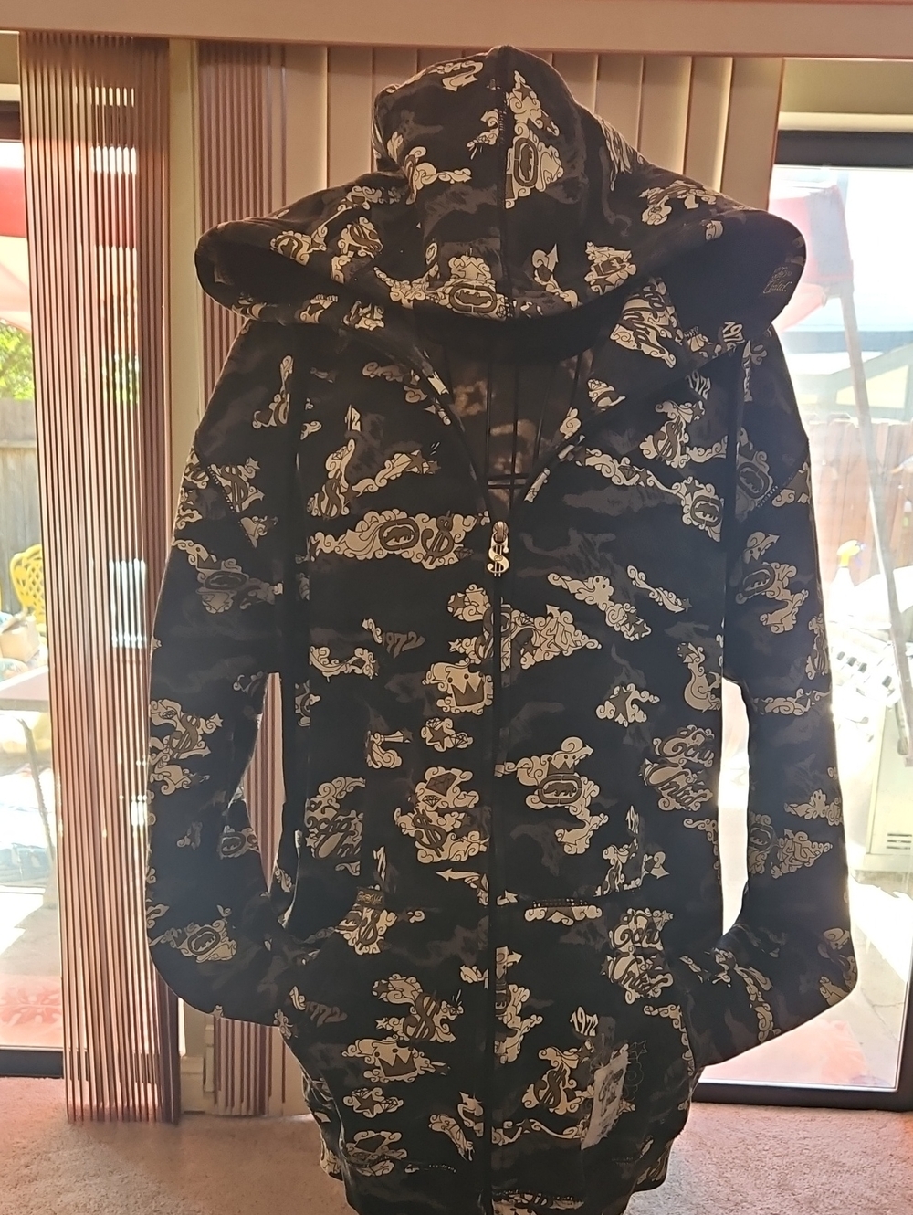 Vintage Ecko Unlimited Black Hoodie with Cream and Gold Graphics